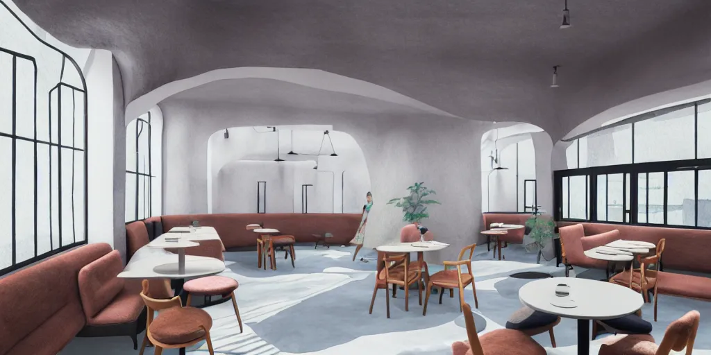 Image similar to an indoor modern cafe, watercolor and wool felting style, design by beeple, isometric style