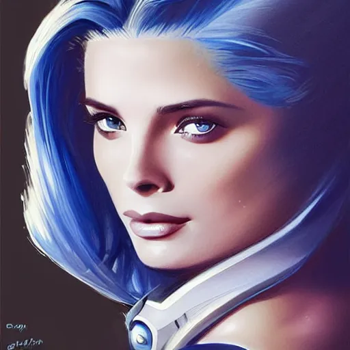 Prompt: Ashley Greene's face combined with Grace Kelly's face with blue hair as a Terran Marine from StarCraft, western, D&D, fantasy, intricate, elegant, highly detailed, digital painting, artstation, concept art, matte, sharp focus, illustration, art by Artgerm and Greg Rutkowski and Alphonse Mucha