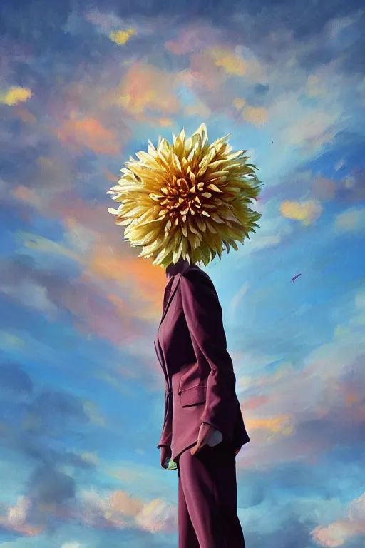 Image similar to closeup giant dahlia flower head, girl in a suit, in a city, surreal photography, blue sky, sunrise, dramatic light, impressionist painting, digital painting, artstation, simon stalenhag