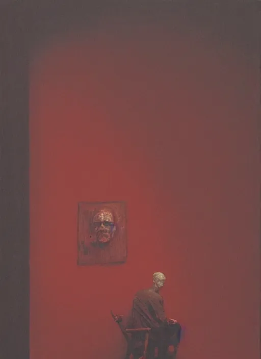 Prompt: beksinski style older man sitting on a chair in dark basement with red walls and one window