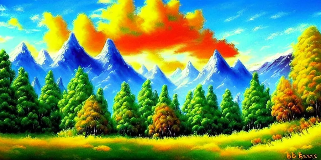 Image similar to a beautiful fantasy landscape art, orange clouds, blue sky and green trees, snowy mountains, art by bob ross