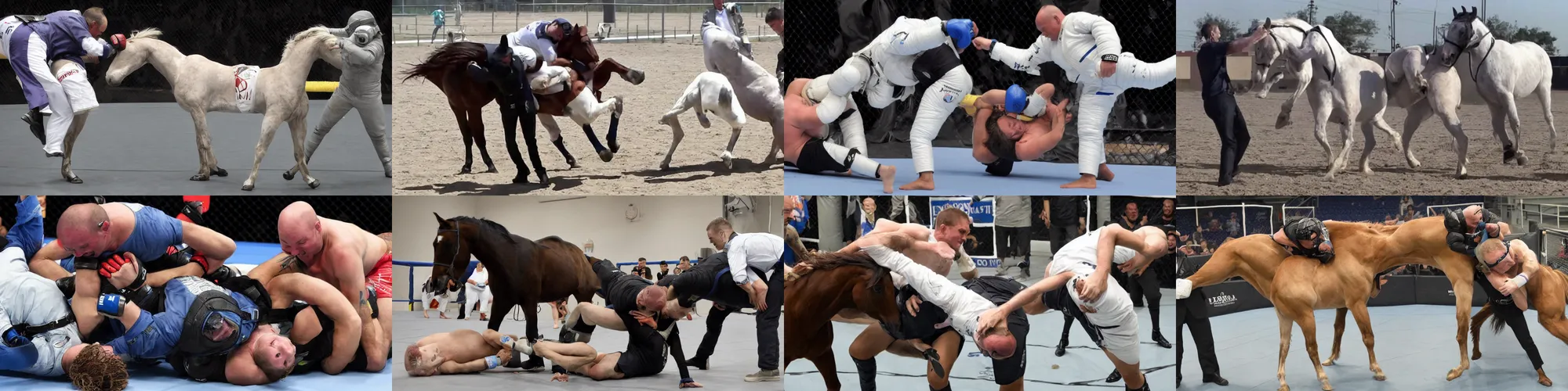 Prompt: horse wrestles astronaut in mma in closed guard