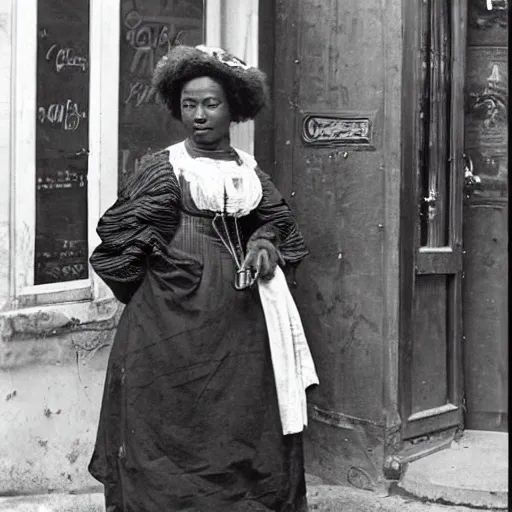 Image similar to afro woman on a cafe in paris, 1 8 0 0 s