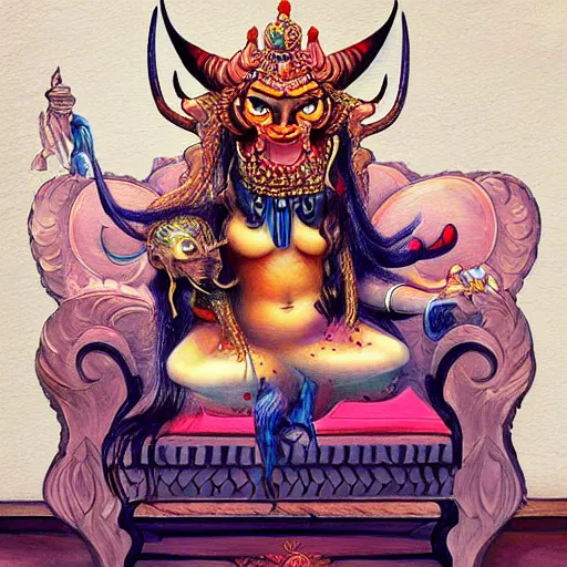 Image similar to a painting of a demon sitting on top of a chair, a detailed painting by ram chandra shukla, pixiv contest winner, bengal school of art, detailed painting, maximalist, art on instagram