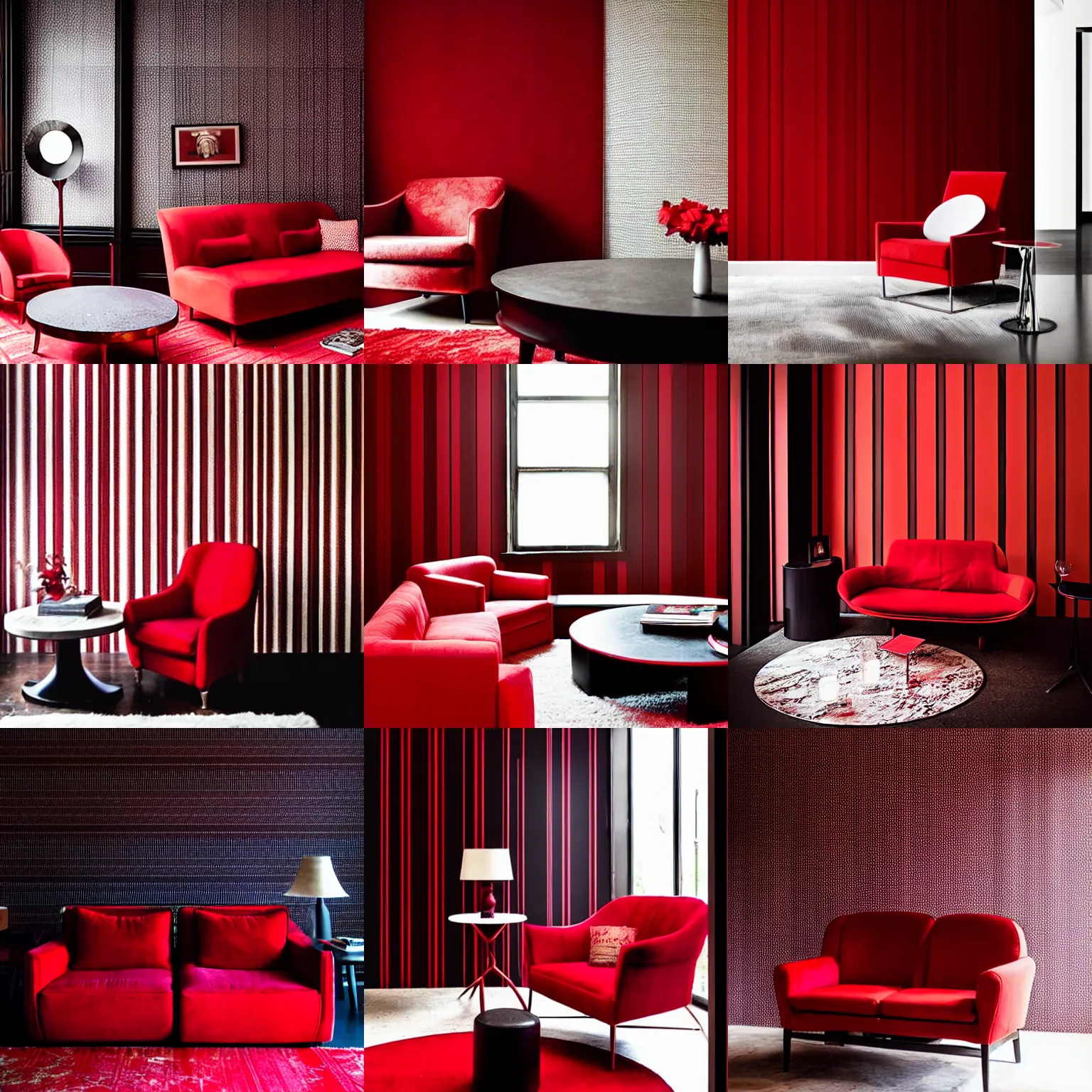 Prompt: a dark, sensual room with vertical lines wallpaper. red love - seat next to a round coffee - table. open book on top of the coffee - table. reading glasses on top of the book. red lingerie on the love - seat.