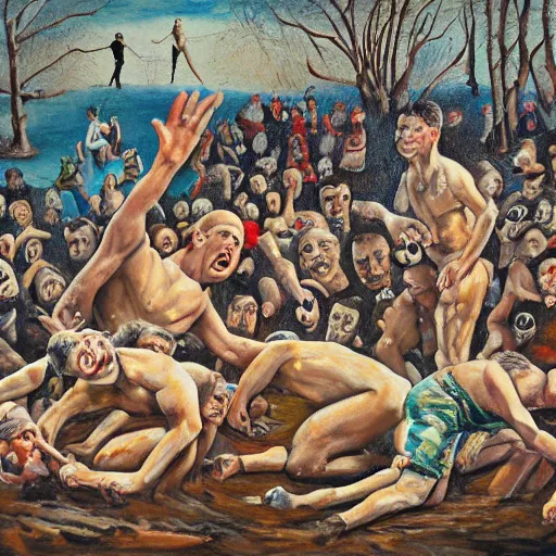 Image similar to 3 drunks fall over mud - wrestling,, where's wally, oil painted ( ( ( ( ( ( by salvador dali ) ) ) ) ) )