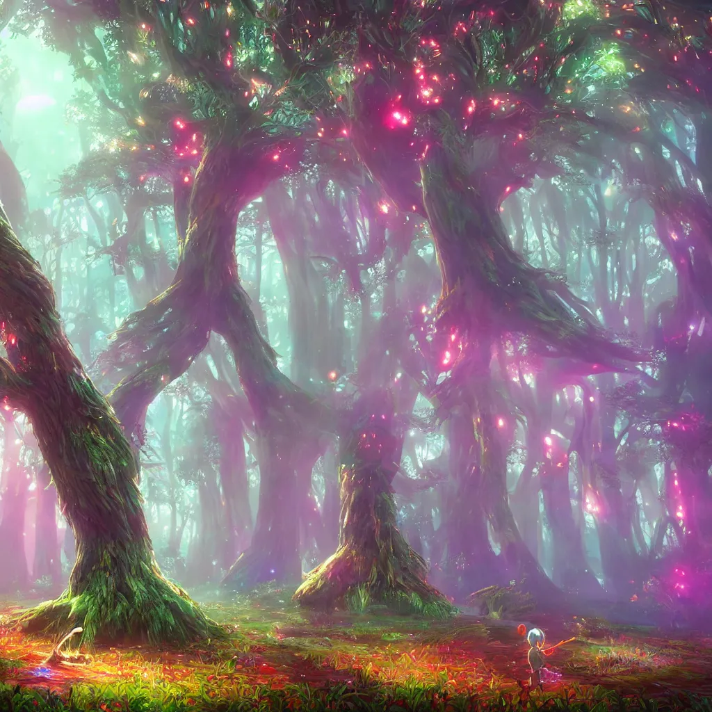 Image similar to huge trees, misty nighttime. radiating colorful energy. photorealistic, moody atmosphere, volumetric shading, holographic undertones, intricate and detailed, vivid dreamlike colors. ori and the blind forest, breath of the wild style, by miyazaki ghibli!!!. trending on artstation. award winning, daily deivation. pastel!! pink accents.