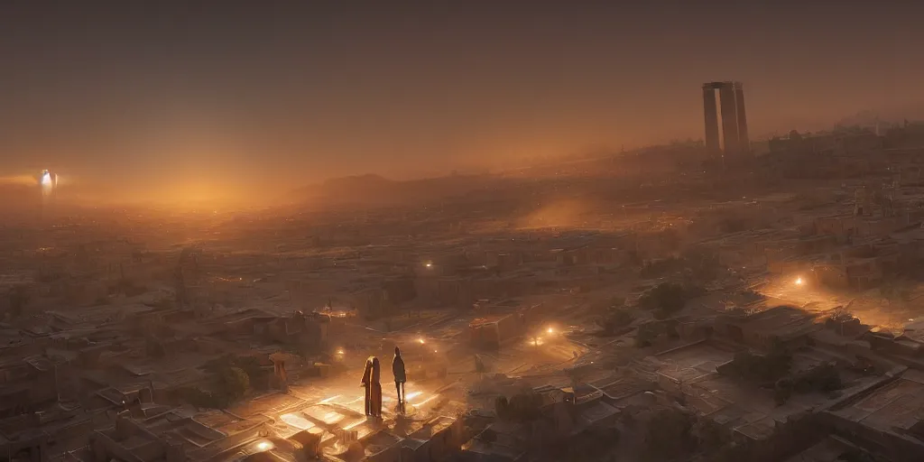 Image similar to futuristic marrakech, volumetric light, detailed, establishing shot, an epic fantasy, cinematic, photorealistic, ultrarealistic, trending on art station, octane render