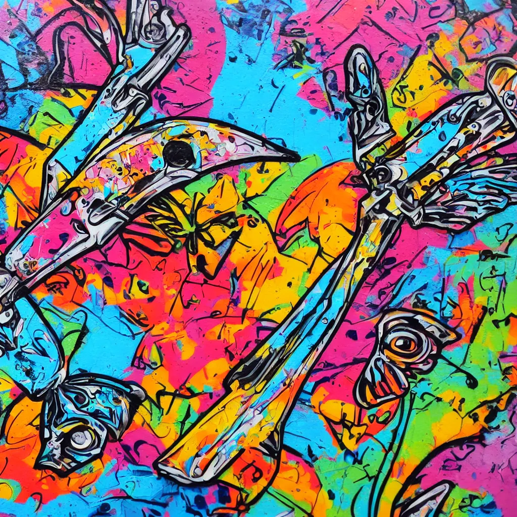 Prompt: a detailed high quality graffiti painting of a butterfly knife, colorful.