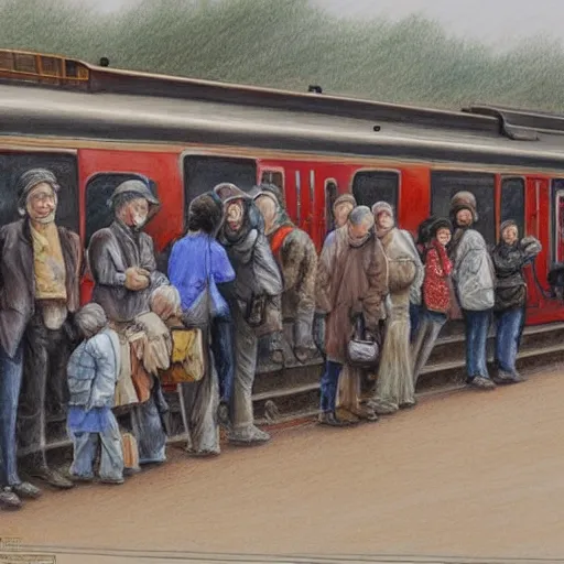 Image similar to A beautiful drawing of a group of people waiting at a railway station. The people in the artwork are all waiting for a train that is about to arrive. burnt umber by Heather Theurer monumental