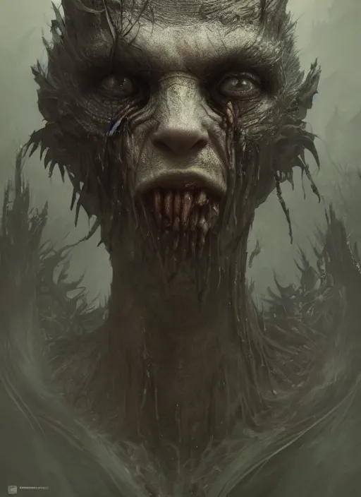 Image similar to A portrait of a horrific creature by Greg Rutkowski, Sung Choi, Mitchell Mohrhauser, Maciej Kuciara, Johnson Ting, Maxim Verehin, Peter Konig, Bloodborne , 8k photorealistic, cinematic lighting, HD, high details, dramatic, atmospheric , trending on artstation