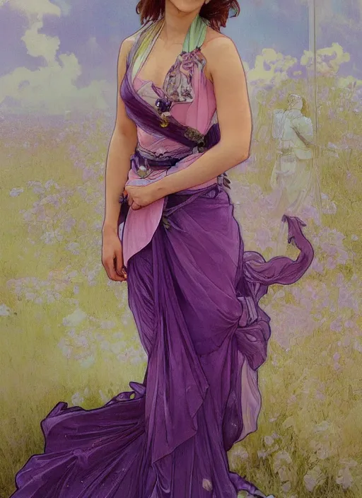 Image similar to emma watson wearing revealing pink and purple chiffon dress with flounces. beautiful detailed face. by artgerm and greg rutkowski and alphonse mucha