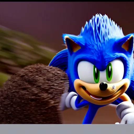 Image similar to sonic the hedgehog as a sloth running at warpspeed, weta hyperrealism cinematic lighting and compositon