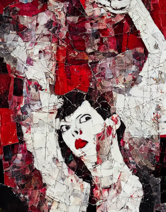 Prompt: woman from fight club detailed mixed media collage with canvas texture in style of contemporary art, punk art, photorealism, sensual bodies, expressionism, masterpiece, perfect composition, spectacular quality, intricate oil details, broken glass photo, torn paper intricate texture, large cracks, liquid glue spots, dark red and white chaotic background