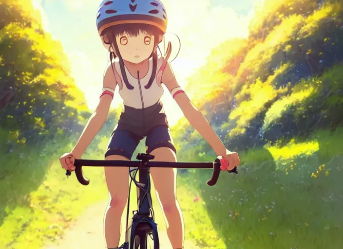 Prompt: portrait of cute girl riding road bike, sunny sky background, lush landscape, illustration concept art anime key visual trending pixiv fanbox by wlop and greg rutkowski and makoto shinkai and studio ghibli and kyoto animation, symmetrical facial features, sports clothing, yellow helmet, nike cycling suit, backlit, aerodynamic frame, realistic anatomy