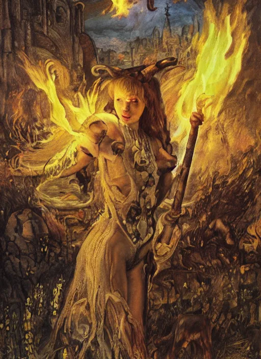 Prompt: half length portrait of a bautiful witch girl burning with a goat in her hands, glowing fire, medieval castle, by mikhail vrubel, by peter elson, muted colors, extreme detail, trending on artstation, 3 5 mm, aperture 1. 2, 8 k