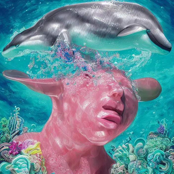 Prompt: trending on artstation, highly detailed, vaporwave surreal ocean, dolphins, pool, checkerboard pattern underwater, cuastics, award winning masterpiece with incredible details, artstation, a surreal vaporwave vaporwave vaporwave vaporwave vaporwave painting by thomas cole of an old pink mannequin head, flowers growing out of its head, sinking underwater, highly detailed