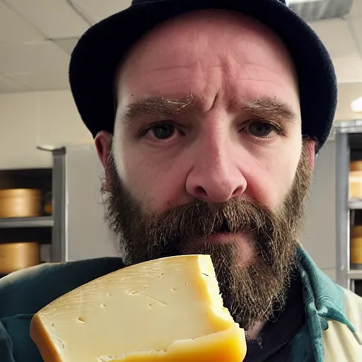 Image similar to photo of a very suspicious man holding cheese