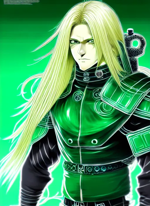 Prompt: a detailed manga full body portrait illustration of a man with long blonde hair and blue eyes wearing cyberpunk jade green battle gear by hirohiko araki, detailed artwork, realism, 4 k resolution, detailed, high quality, sharp focus, hq artwork, insane detail, volumetric lighting, character concept art, fine details, clear subject, central subject