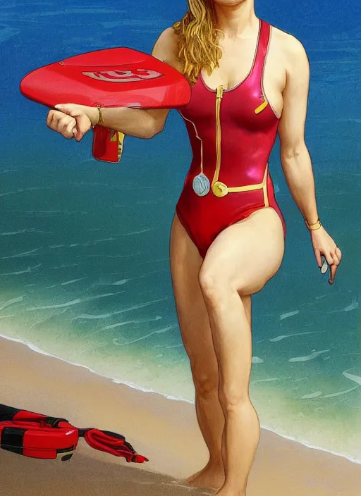 Image similar to portrait brie larson as sea lifeguard on the beach, full length shot, shining, 8k highly detailed, sharp focus, illustration, art by artgerm, mucha, bouguereau