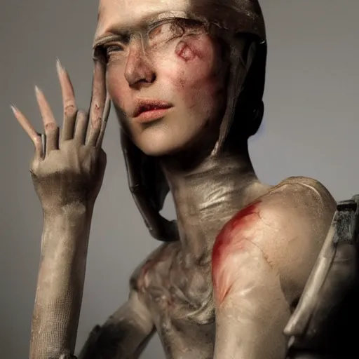 Image similar to photographic stil of beautiful model, a human robot woman, artificial flesh, bones, blood, cyberpunk, westworld style, medium - shot, insanely detailed, photorealistic, beautiful soft light, octane render, by annie leibowtiz