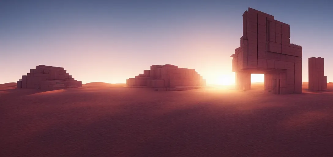 Image similar to view from the desert ground of futuristic blocky brutalist structure at sunset, glowing desert sun, heat haze, mirage, light rays, symmetry, cinematic lighting, ultra detailed, sharp, ambient occlusion, bloom, raytracing, by greg rutowski, finnian macmanus and jessica rossier