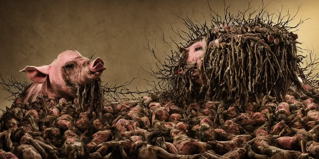 Prompt: a highly detailed realistic photographic render of swarm of corpses worshipping a severed head of a pig with crown of thorns , dead souls, religious sculpture, creepy, cinematic lighting, cinematic scene, Volumetric lighting, Atmospheric scene, Dark, Horror, Atmospheric lighting, Global illumination, realistic, photo realism, hyper realistic, hyper realism, photo realisitc, cinematic render, film, beautifully lit, ray traced, octane 3D render, octane render, unreal engine