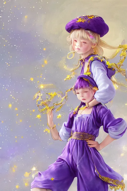 Image similar to Full View fairy maiden with short blond hair wearing an oversized purple Beret, Baggy Purple overall shorts, Short Puffy pants made of silk, silk shoes, a big billowy scarf, Golden Ribbon, and white leggings Covered in stars. covered in embroidery. Short Hair. peasant magic. masterpiece 4k digital illustration by Ruan Jia and Mandy Jurgens and Artgerm and william-adolphe bouguereau, award winning, Artstation, art nouveau aesthetic, Alphonse Mucha background, intricate details, realistic, panoramic view, Hyperdetailed, 8k resolution, intricate art nouveau