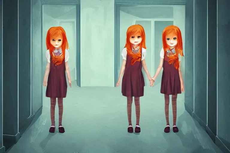 Image similar to scary ginger twin girls standing in an endless hallway, illustration, cute but scary, digital art, unique, trending on artstation, artistic, symmetrical, inspired by wes anderson