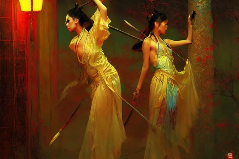 Prompt: wuxia, neon light, painting by gaston bussiere, craig mullins, j. c. leyendecker