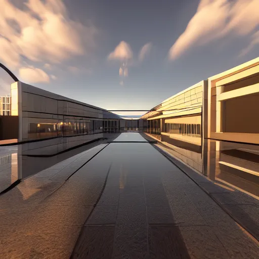 Image similar to a photorealistic 3 d render of modern architecture, two point perspective, global illumination hdri, deatiled sky, overcast, sunset, soft shadows, rain puddles with realistic reflections