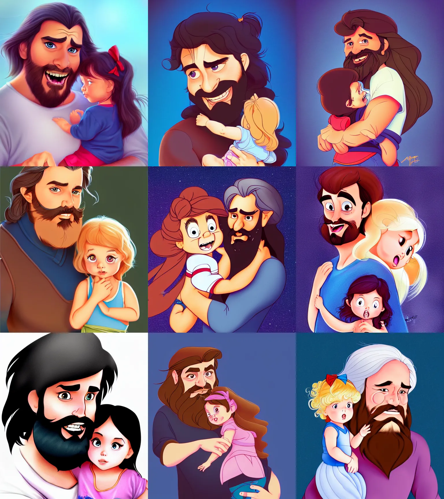 Image similar to a long - haired bearded father and his child toddler girl full color digital illustration in the style of don bluth, artgerm, artstation trending, 4 k