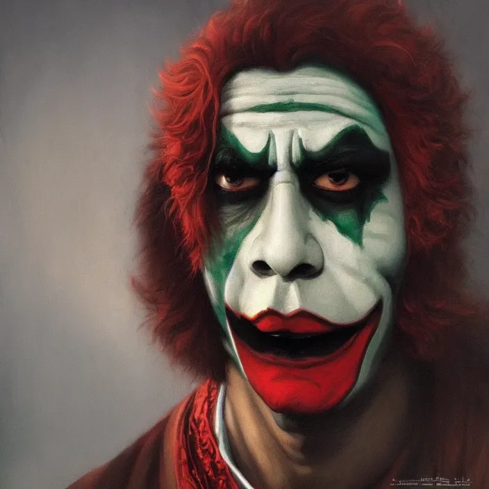 Prompt: indian joker, dark and gloom, extremely detailed oil painting, highly detailed, trending on artstation, concept art, sharp focus, illustration, by bouguereau and gerald brom