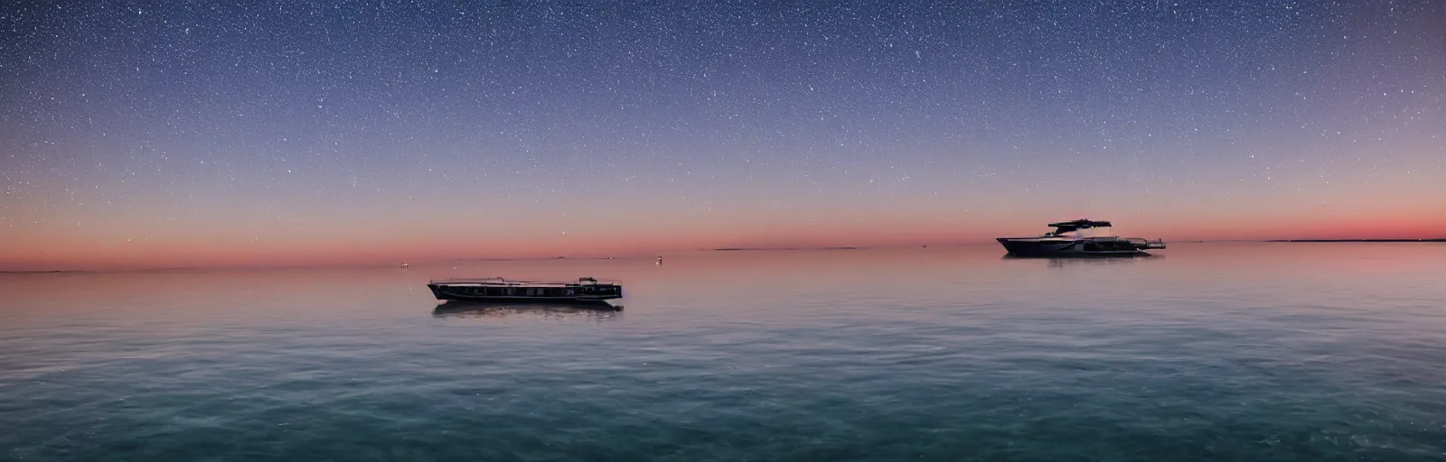 Image similar to Calmed clear waters on an infinite sea at night with visible stars, dawn lone yatch