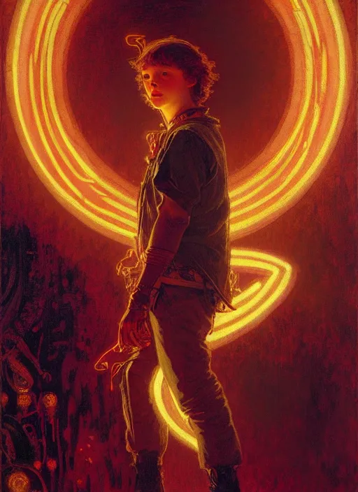 Image similar to illustration by gaston bussiere, mucha, gerome, craig mullins, greg rutkowski, john singer sargent. portrait of eddie muson, stranger things. 8 ß's neon retro. lights, glow, magical. dark background.