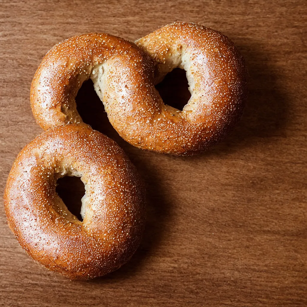 Image similar to close - up view of a singular solo bagel on top of a wooden table, 8 k, high detail, photorealistic, proper shading