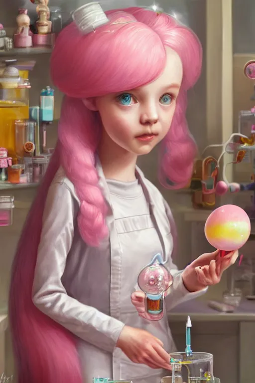 Image similar to highly detailed closeup, face profile portrait of princess bubblegum experimenting in her lab, wearing lab coat and tiara, bubblegum hair, depth of field, illustration, concept art by nicoletta ceccoli, mark ryden, lostfish, detailed and intricate environment, 8 k resolution, hyperrealistic, octane render