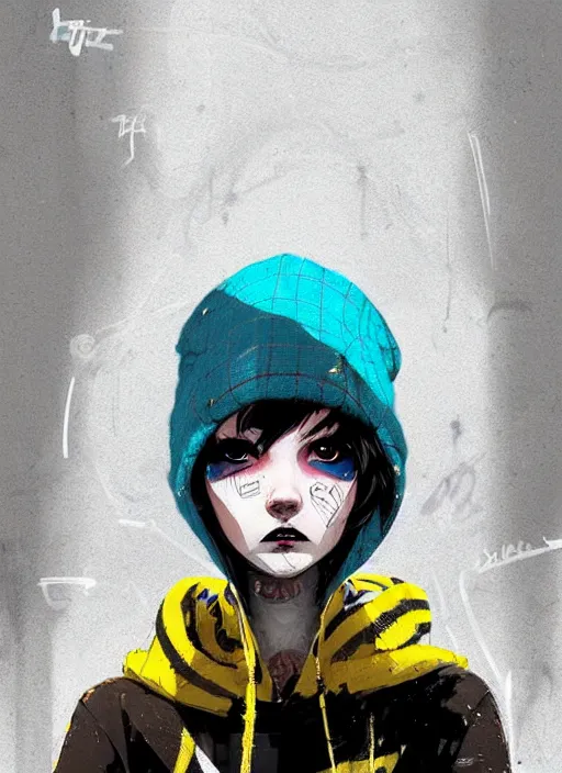 Image similar to highly detailed portrait of a sewer punk lady student, blue eyes, tartan hoody, hat, white hair by atey ghailan, by greg rutkowski, by greg tocchini, by james gilleard, by joe fenton, by kaethe butcher, gradient yellow, black, brown and cyan color scheme, grunge aesthetic!!! ( ( graffiti tag wall background ) )