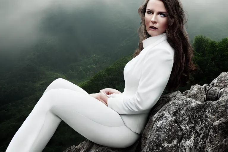 Image similar to a cinematic headshot portrait of a beautiful middle aged woman wearing futuristic white suit on the top of a mountain, overlooking a vast serene forest, large diffused light, neon light, 4 k, ultra realistic, dramatic lighting, rain, clouds, fog, vogue, fashion, glamour, magazine spread, by marco mazzoni and jessica rossier