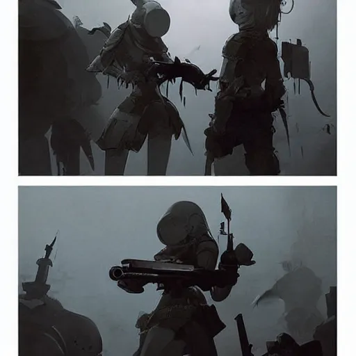 Image similar to NOD infantry troops in C&C Kane's Wrath, Ilya Kuvshinov, by Greg Tocchini, nier:automata, set in half-life 2, beautiful with eerie vibes, very inspirational, very stylish, with gradients, surrealistic, postapocalyptic vibes, depth of filed, mist, rich cinematic atmosphere, perfect digital art, mystical journey in strange world, bastion game, arthouse