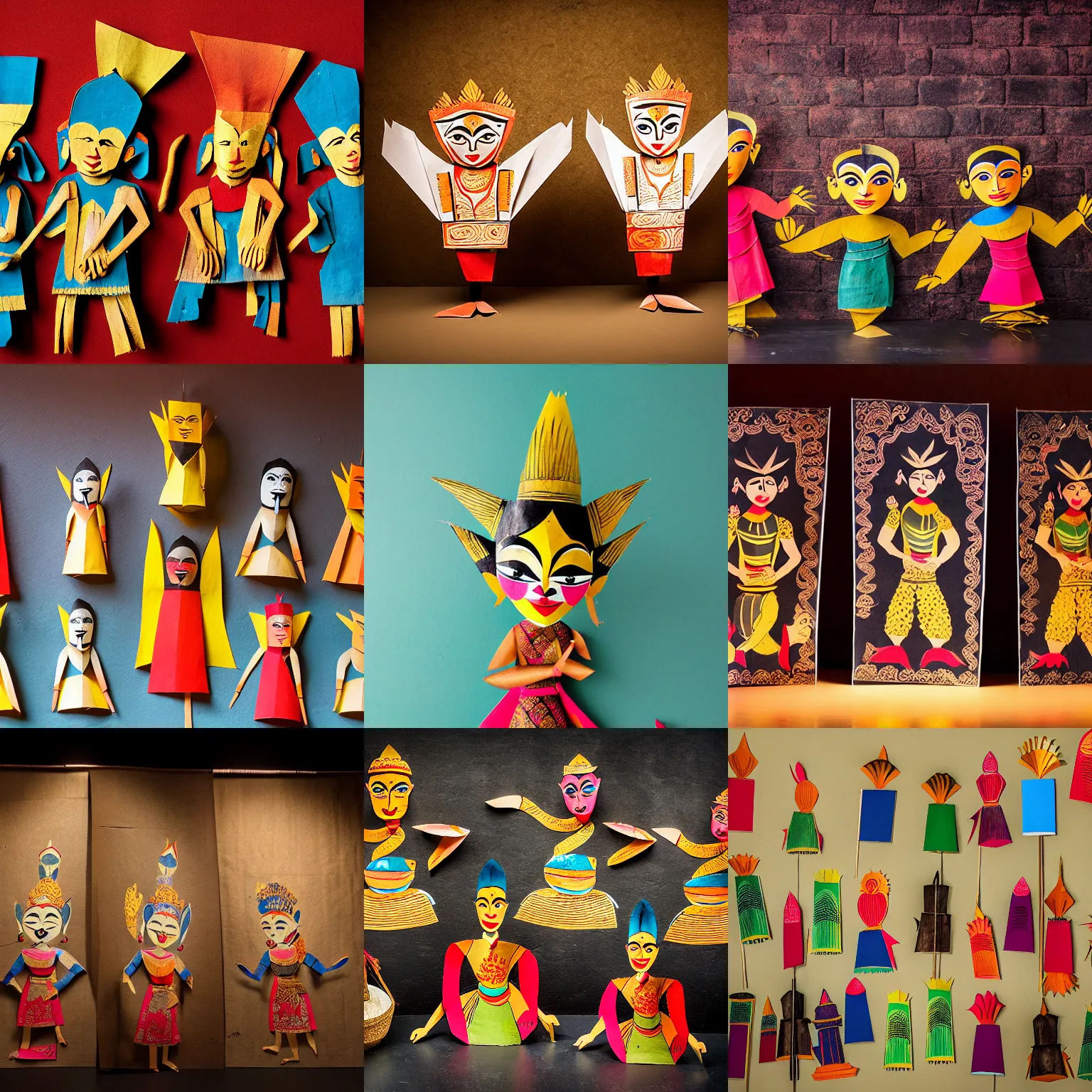 Prompt: javanese paper puppets, studio lighting, random wall or scenery background