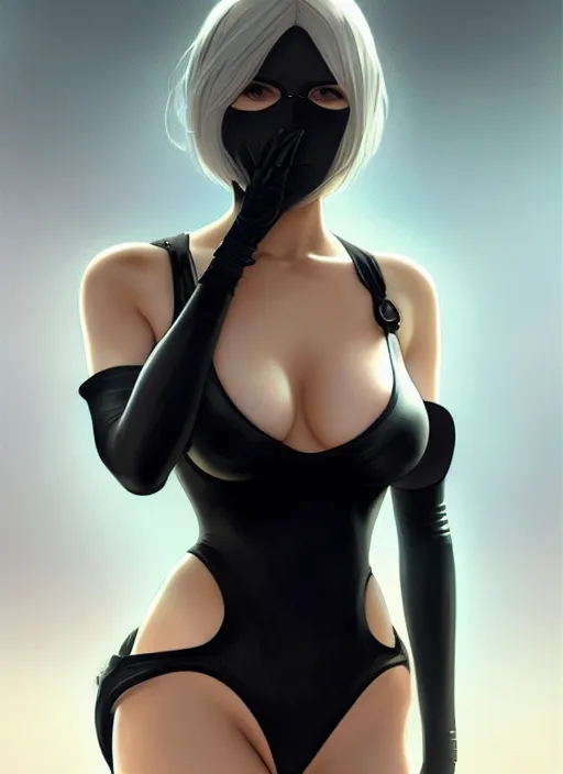 Prompt: 2 b nier automata in a black swimsuit, intricate, elegant, highly detailed, digital painting, artstation, concept art, smooth, sharp focus, illustration, art by artgerm and greg rutkowski and alphonse mucha, 8 k