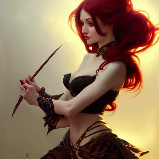 Image similar to of Katarina from League of Legends, dark fantasy, medium shot, intricate, ornate, elegant, highly detailed, digital painting, volumetric light,, artstation, concept art, smooth, sharp focus, illustration, art by Gil elvgren and charlie bowater and greg rutkowski and alphonse mucha