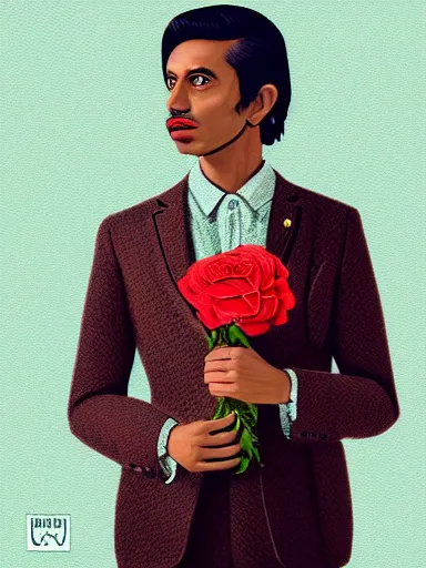 Prompt: artwork by Wes Anderson, Wes Anderson and Wes Anderson, of a solo individual portrait of an Indian guy with roses, dapper, simple illustration, domestic, nostalgic, full of details, by Wes Anderson and Wes Anderson, wes anderson, wes anderson, wes anderson, wes anderson, wes anderson, Matte painting, trending on artstation and unreal engine