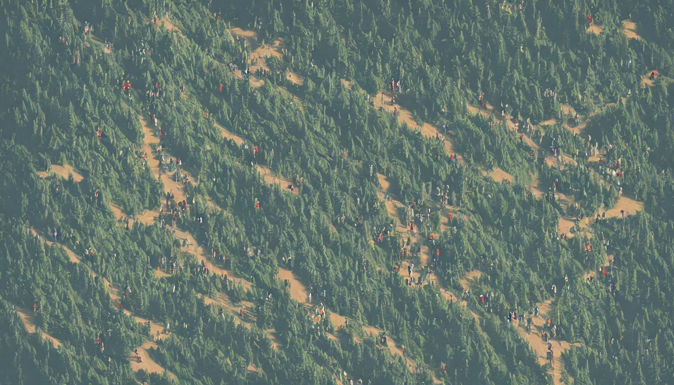 Image similar to a bunch of hikers going up a mountain, view from above, victor ngai