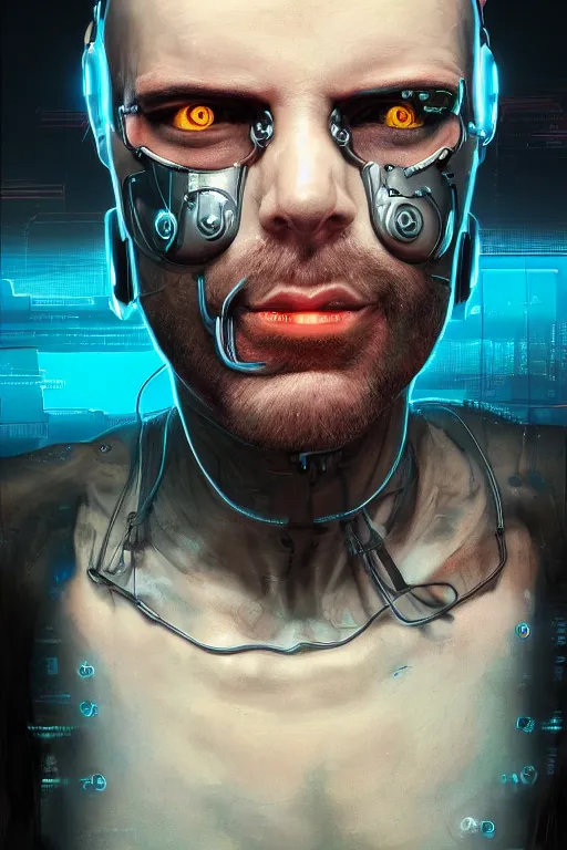 Image similar to a full body illustration of an male cyberpunk character wearing bionic implants, criminal mugshot, bald, bearded, highly detailed, oil on canvas, soft lighting, neon pastel colors, by WLOP and Greg Staples, HD, 4K