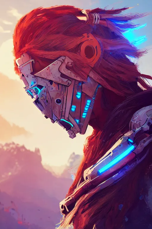 Image similar to combination suit armor aloy horizon forbidden west horizon zero dawn radiating a glowing aura global illumination ray tracing hdr fanart arstation by ian pesty and alena aenami artworks in 4 k tribal robot ninja mask helmet backpack