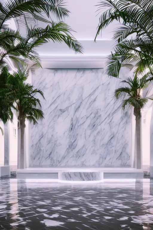 Image similar to detailed interior of a vaporwave pool, white marble walls, palm vegetation, light shafts, stunning atmosphere, cinematic lighting, smooth, sharp focus, high detail, cinematic feel