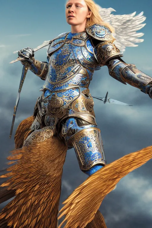 Image similar to realistic detailed photo of ladyhawke, soaring through the sky, blue eyes, woven armour with , intricate complexity, Behance, golden ratio, +fibanci background, vray, rich deep colors