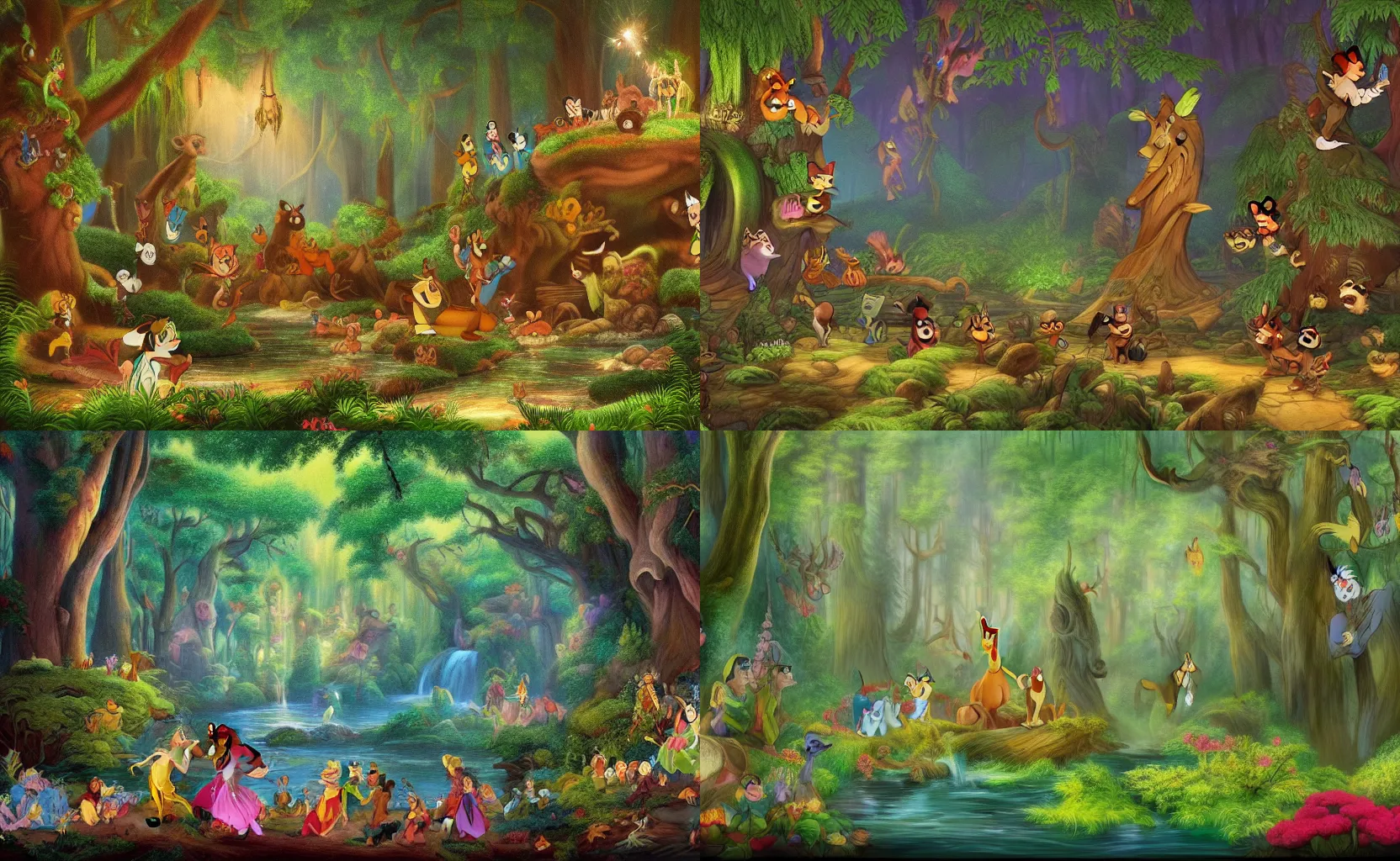 Prompt: Movie frame from the coloured Disney animated motion picture released in 1937, Social media apps forest, beautiful enchanted forest full of critters, directed by Walt Disney, highly detailed background paintings by Thomas Kinkade